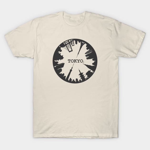 Tokyo Japan Landmarks - Circular Skyline Design T-Shirt by Tanimator